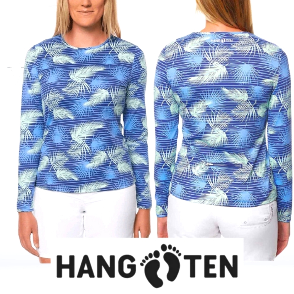 Hang Ten Women's Rash-Guard Top Shirt Long Sleeves Floral Zippered Pocket Size M